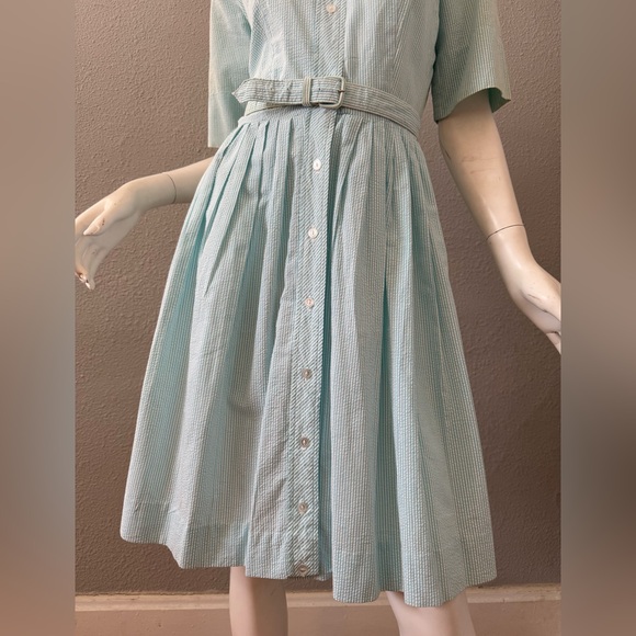 Vintage 50s Blue Striped Button Belt Fit & Flare Shirtwaist Day Dress S - Picture 11 of 15
